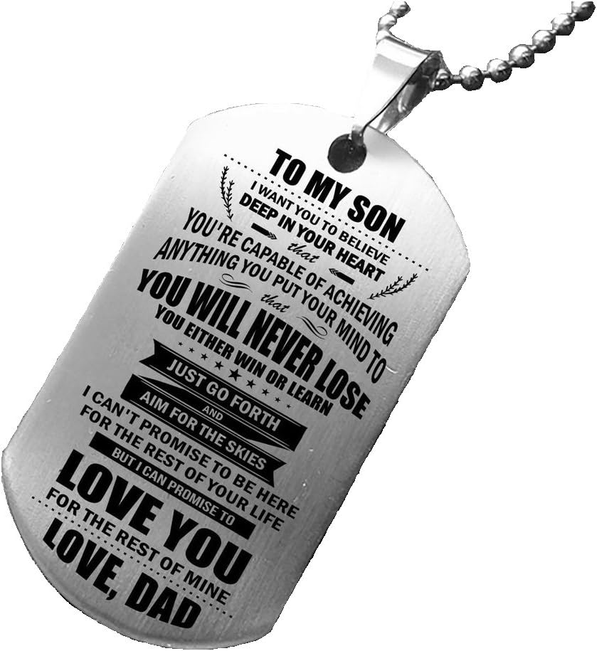 Laser Engraved to My Son Stainless Steel 2 mm Pendant 28 Inches Gloss Necklace Gift for Men Son
