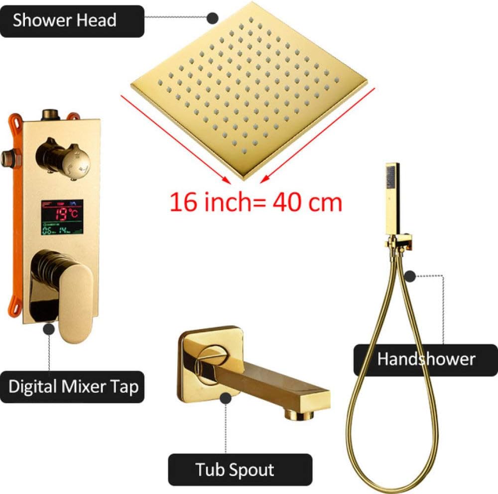 FYJIDY Shower Mixer Set Gold Digital Shower Faucets Set LED Rainfall Shower Head Golden 3-Way Digital Temp Display Mixer Tap Tub Spout Shower,16 inch Full Set