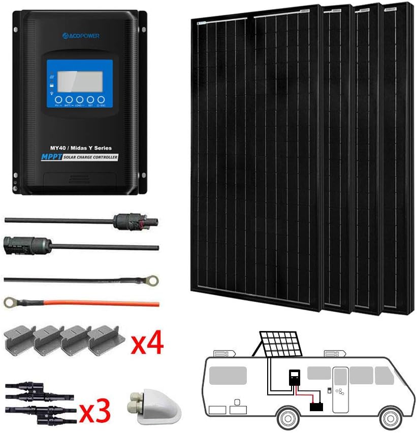 ACOPOWER 400 Watts 12/24 Volts Monocrystalline Panel Solar RV Kits with 40A MPPT LCD Charge Controller/Mounting Brackets/Solar Cables/Cable Entry housing