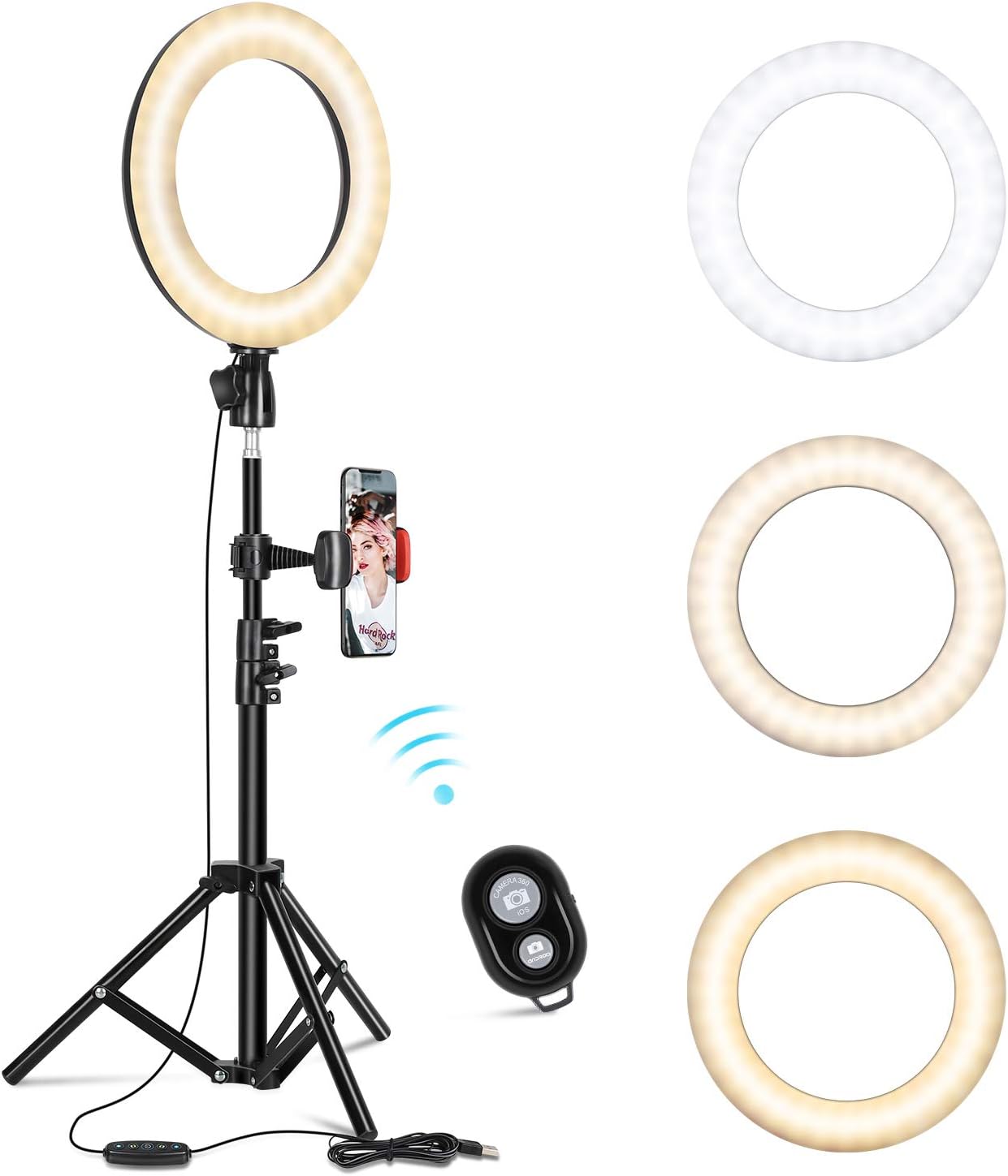 10" Selfie Ring Light with Adjustable Tripod Stand & Phone Holder for Live Stream/Makeup, Dimmable Led Camera Beauty Ringlight for YouTube TikTok/Photography Compatible for iPhone and Android Phone