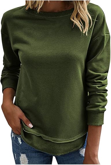 BZB Women's Long Sleeve Curved Hem Sweatshirt Crew Neck Side Split Pullover Relaxed Fit Tops at 