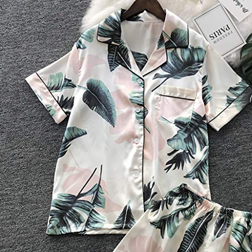 Women Simulation Silk Printing Pattern Pajamas Short Sleeve Sleepwear V Neck Nightwear Set Beige