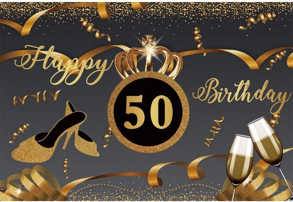 OERJU 6x4ft Happy 50th Birthday Backdrop Golden Ribbons Golden Black High Heels Champagne Wine Glass Shiny Glitter Fifty Years Old Photography Background Lady Woman Birthday Party Supplies