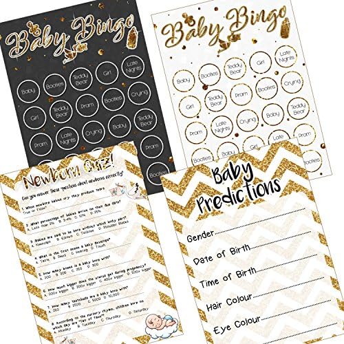 Baby Shower Bingo, Quiz & Prediction Party Games (3 Games x 20 Guests) Pack Bundle
