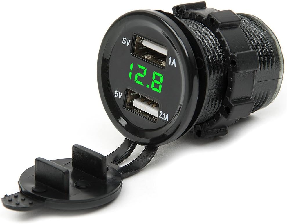 Hakkin Dual USB Port Waterproof 12-24V Car Motorcycle Marine Boat Cigarette Lighter Socket with LED Digital Voltmeter Meter Monitor (Green)