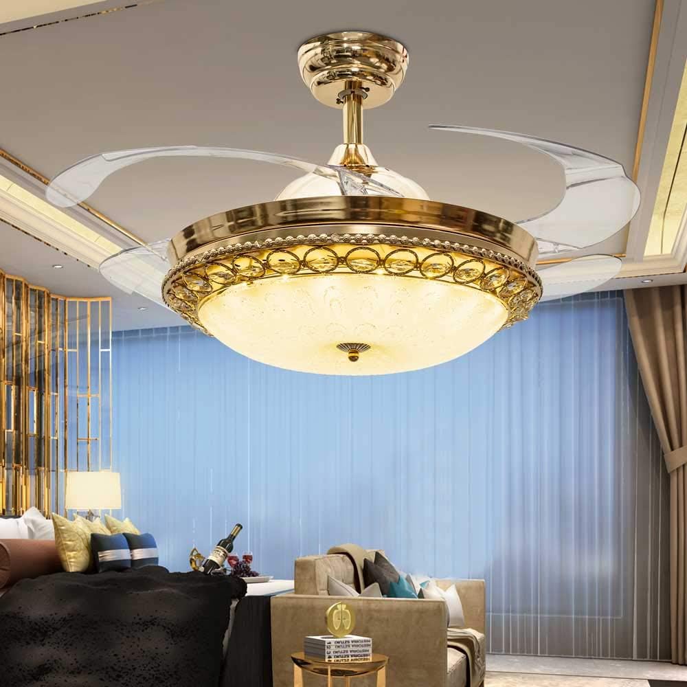 RS Lighting Simple Modern Artistic 42-Inch Crystal Ceiling Light Kit Ceiling Fan with Remote Control Retractable Blades Fan Chandelier for Living Room Bedroom Ceiling Lighting Fixture (Gold)