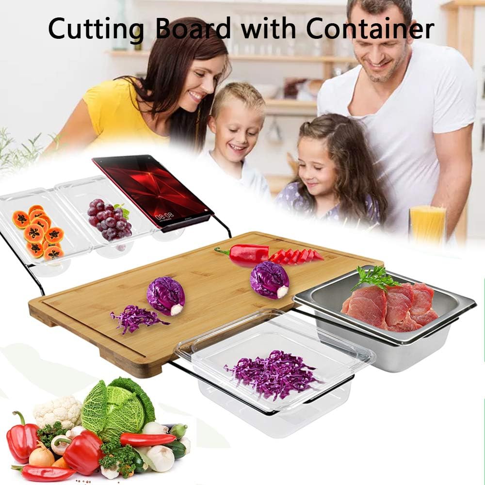 Bamboo Cutting Board with Trays Storage for Kitchen, Multifunctional Cutting Board with Shelf & Storage Box - Spare Food Ingredients, Meat, Vegetables, Fruits, Mobile Phones 1 Set