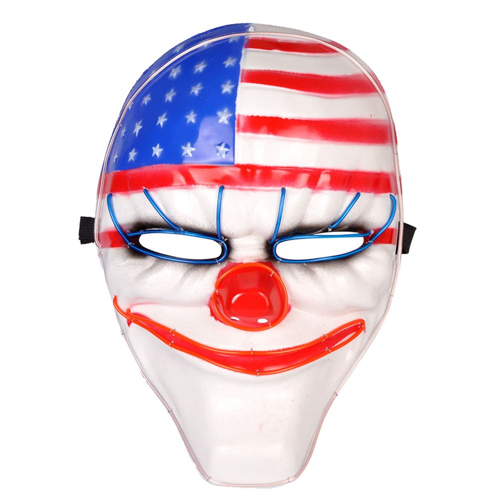 Cece Light Up Mask w/Creepy Clown USA Flag Glowing For Halloween Rave Costume Party