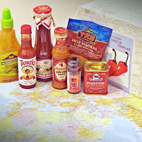 Gift Box Spice up your life – packed in a well-designed present box + Peri-Peri + Tapatio + Madras Curry + Spicy Mango & Lime Sauce + Pimentón + Hachi + Tkemali Sauce + spices + around the world + South Africa + Mexico + Thailand + India + Spain + Japan + Georgia
