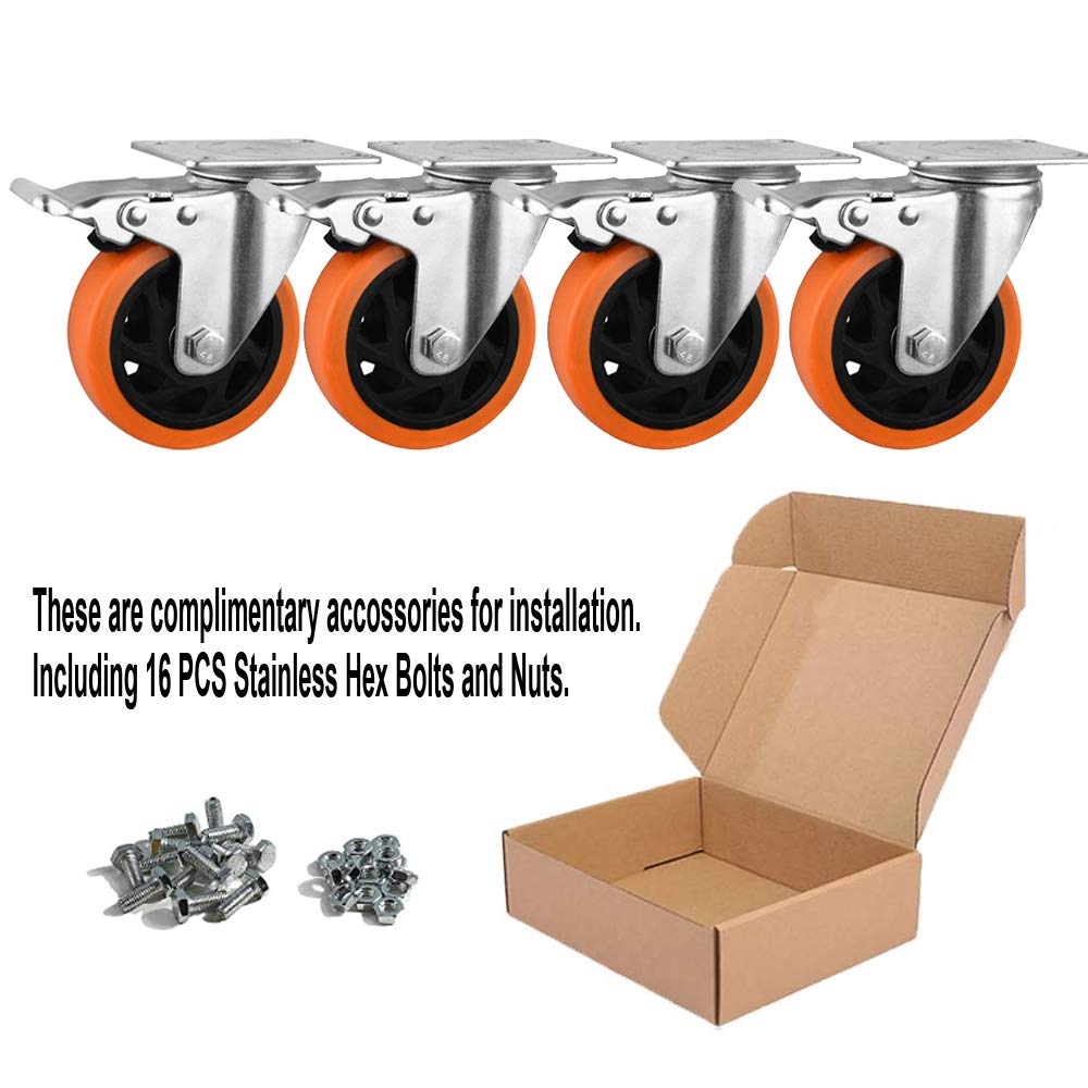 YeMI 5 Inch Plate Swivel Caster Wheels with Brake, Heavy Duty Rubber Castors with Plate for Furniture, Workbench, Cart, Trolley-2200 Lbs Work Load Orange (5''Silver with Brake): Industrial & Scientific