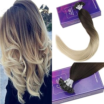 LaaVoo 55 cm Keratin Bondings Extensions Ombre Dunkelbraun zu Blond 1G Remy Flat Tip Extensions Remi Echthaar Brasilianer Gla