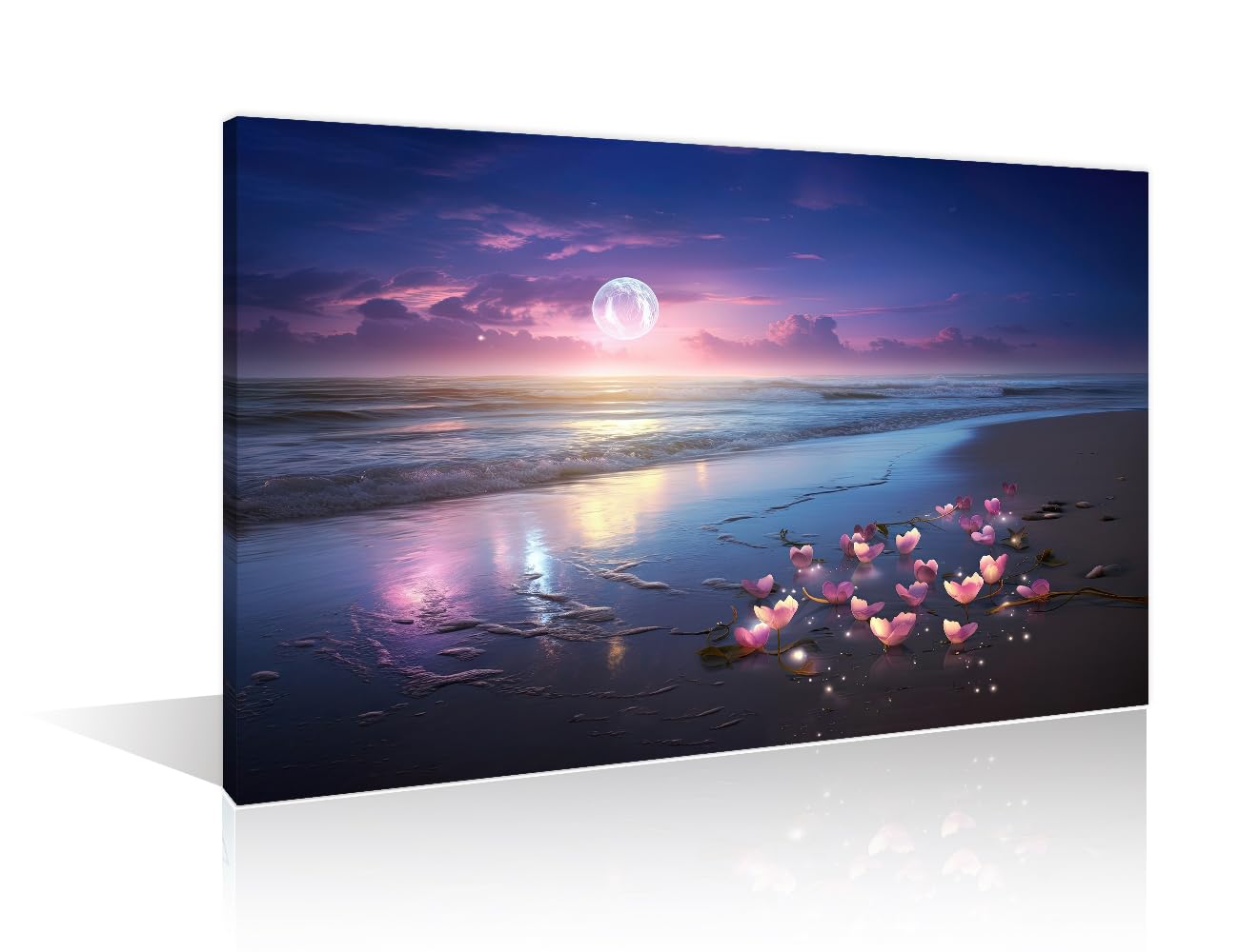1 Pieces Pink Flowers on a Beach at Night with a Full Moon Wall Decor Painting Canvas Wall Art Posters Modern Home Decor Print for Home Living Room Dining Room Framed Ready to Hang (16"Wx24"H)