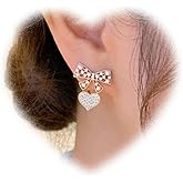 W WEILIRIAN Boho Crystal Heart Jacket Earrings for Teen Pearl Bow Earrings Gold Bow Stud Earrings Love Heart Dangle Earrings Two Ways Front Back Earrings Jewelry for Women