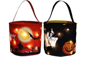 BYROTSON Halloween Candy Bags with LED Lights Trick or Treat Basket, Light up Halloween Party Bags Multipurpose Reusable Goody Bucket for Kids (Package C)
