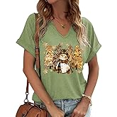 Jliqt Christmas V Neck Shirts for Women Buffalo Plaid Tree Shirt Merry and Bright Shirt Casual Graphic T-Shirt Tops