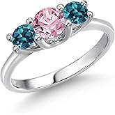 Gem Stone King 14K White Gold Pink Lab Grown Diamond & London Blue Topaz 3-Stone Engagement Ring | 1.16 Cttw | Round 5MM and 4MM | 3 Stone Wedding Anniversary Promise Ring For Women
