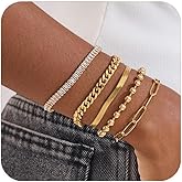 FAUTHENTICUTE Gold Bracelets Stack for Women 5pcs Beaded Paperclip Cuban Rhinestone Snake Chain Bracelet Dainty Gold Bracelets Set