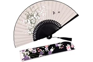 Amajiji Small Folding Hand Fan for Women, Chinese Japanese Vintage Style Bamboo Silk Fans for Party Wedding Dancing Decoration Gift Performance (AM-19)