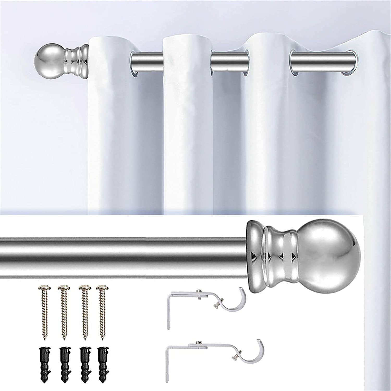 Curtain Pole for Windows, 76-147cm Curtain Rod with Round Finials and 2.54cm Diameter Metal Single Adjustable Telescoping (Silver)