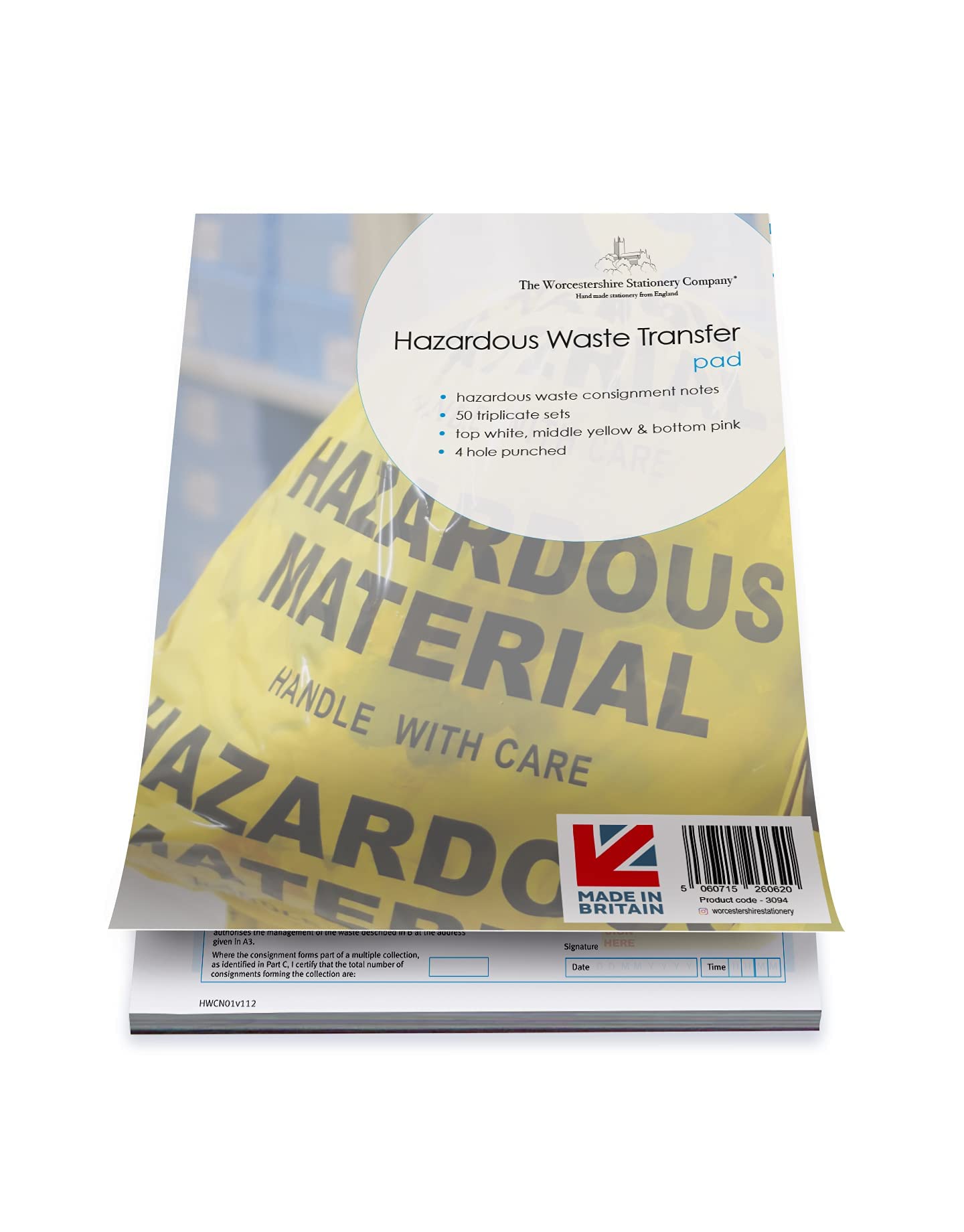 A4 Hazardous Waste Transfer Note, 3 Part carbonless pad with Waste Codes Included