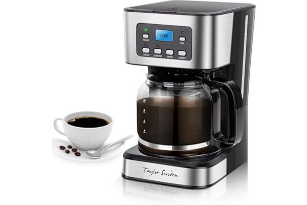Taylor Swoden 12-Cup Programmable Coffee Maker, Regular & Strong Brew Drip Coffee Machine for Home and Office, Glass Carafe, 