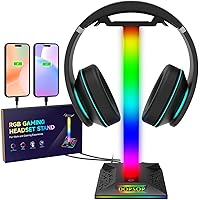 RGB Gaming Headphone Stand with 2 USB Charging Port & 1 Type-C Ports, Desk Gaming Headset Stand with 10 Light Modes Headphone