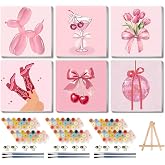 6 Pack Framed Adult Paint by Number Beginners with Wooden Easel,Pink Vintage Paint by Numbers Kit for Adults,Retro DIY Acrylic Paint Kit with Frame,Easy Paint by Numbers Canvas for Decor 8x8 inch