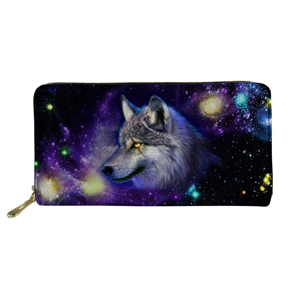 Showudesigns Long Wallet PU Leather Credit Card Holder for Ladies Wolf Galaxy