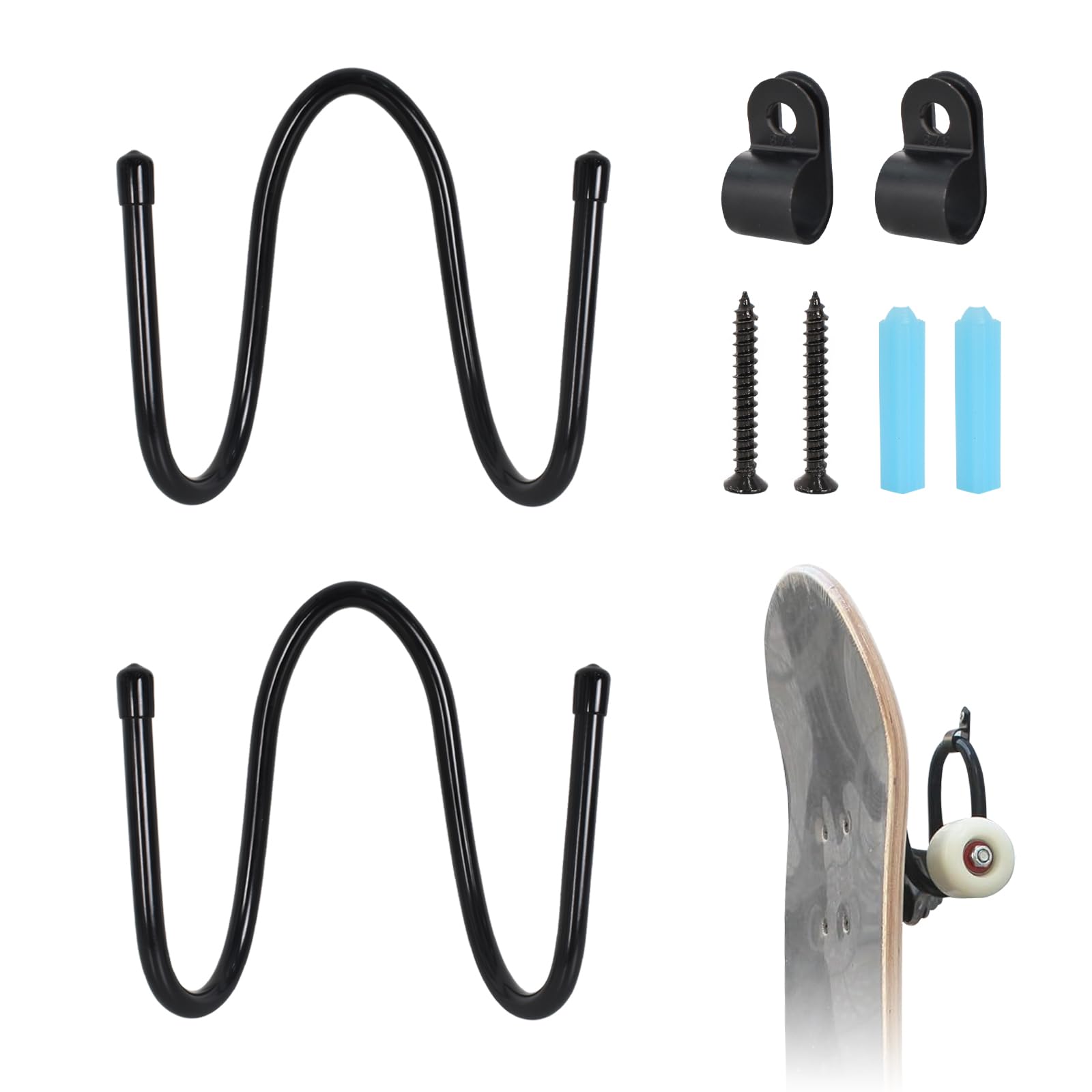 2 PCS Skateboard Wall Mount Skateboard Hooks Hanger, Skateboard Storage Display Rack with Screws, Skateboard Hooks Wall Hanger Rack W Style for Sword, Guitar, Longboard, Snowboards, Water Skis