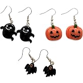 Spooktacular Halloween Earrings Set of 3 Pairs, Cute Cartoon Dangle Drop Earrings for Women, Halloween Party Costume Jewelry Pumpkin, Witch, Bat, Ghost Accessories