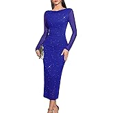 HomRain Women's Sparkly Mesh Maxi Summer Dress Long Sleeve Bodycon Dresses for Wedding Guest Outfit