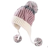 Women Winter Peruvian Cover Ears Beanie Hat Ear Flaps Sherpa Ski Snow Hats Knit Fleece Lined 3 Pom Pom