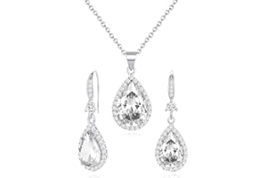 Sumonyo Women Jewelry Set Silver/Gold Plated Teardrop Pendant Necklace Dangle Drop Earrings Dangling Sets Birthstone Crystals Rhinestone,Birthday Anniversary Wedding Mother’s Day Gifts for Women