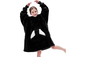 Touchat Wearable Blanket Hoodie, Oversized Sherpa Blanket Sweatshirt with Hood Pocket and Sleeves, Super Soft Warm Plush Hooded Blanket for Kids, One Size Fits All (Black)