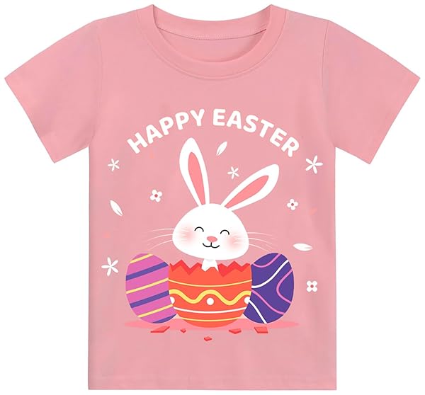 MUJOQE BABY GIRL EASTER SHIRTS TODDLER BUNNY OUTFITS SHORT SLEEVE KIDS EASTER EGGS T-SHIRT COTTON TOP 2 YEARS
