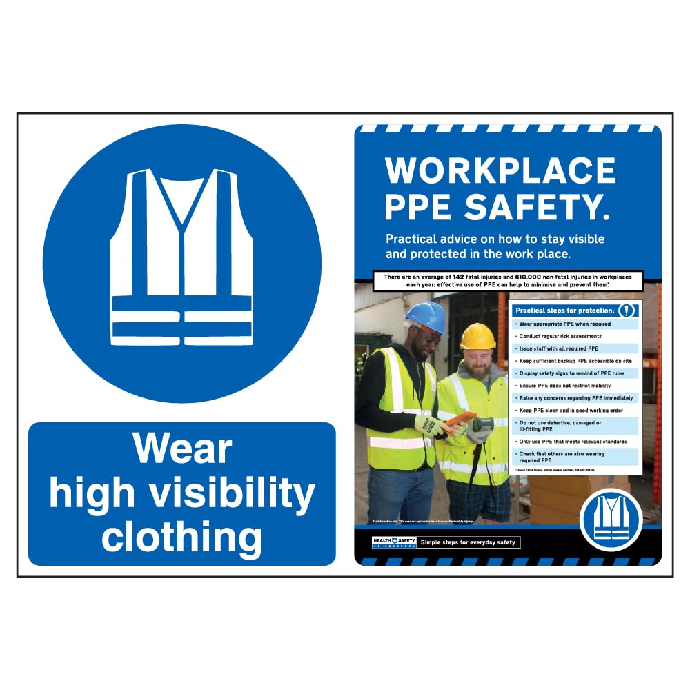 VSafety Poster Combo - Wear Hi Vis Clothing/Workplace PPE Safety-600x450-2mm Rigid Safety Sign