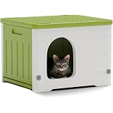Plastic Cat House for Outdoor Indoor Use, Stackable Feral Cat Shelter Indoor Cat House Weatherproof Waterproof Elevated (Green)
