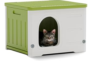 TSEHOOHOO Plastic Cat House for Outdoor Indoor Use, Stackable Feral Cat Shelter Indoor Cat House Weatherproof Waterproof Elevated (Green)