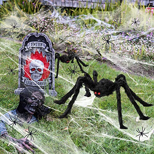 6.6FT Giant Spider Halloween Decorations with 16ft Huge Spider Web, 200sqft Stretchy Spider Cobweb and 20pcs Small Plastic Spiders for Halloween Creepy Decor Indoor, Outdoor, Party, Bedroom, Window , Wall, Yard
