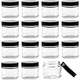 Bekith 15 pack 2oz Round Jar Straight Sided Clear Glass Jars, Airtight Glass Jar with Black Plastic Smooth Lids