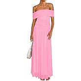 MASCOMODA Women Off The Shoulder Mesh Maxi Dress Bodycon Ruched Formal Sleeveless Pleated Cocktail Wedding Guest Long Dresses