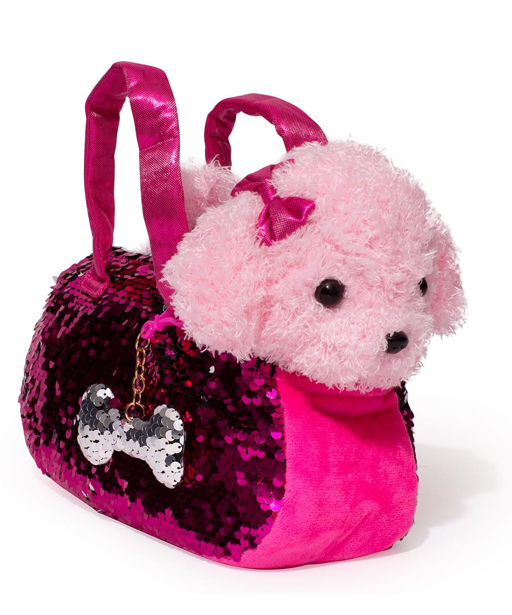 Little Jupiter Pet Plush Set with Purse w/Reversible Sequins & Charm - Stuffed Animal Toy for Kids Ages 4-5 - 6-7 - Stuffed Animal Purse - Stuffed Animals for Girls - (Pink Labradoodle)