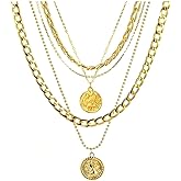 BOOZIQ Gold Chunky Necklaces for Women Multi Layered Punk Gold Statement Necklaces Hip Hop Portrait Cuban Link Chain Necklace 90s Outfit Accessories