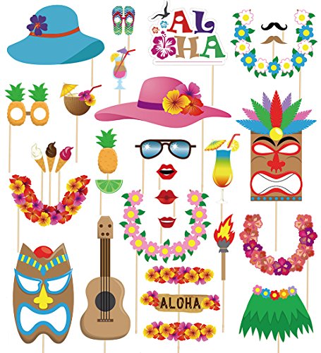 60pcs Luau Photo Booth Props - Hawaiian/Tropical/Tiki/Summer Pool Party Decorations Supplies
