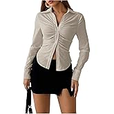 SOLY HUX Women's Button Down Ruched Blouse Long Sleeve Shirts Slim Fit Aesthetic Tops