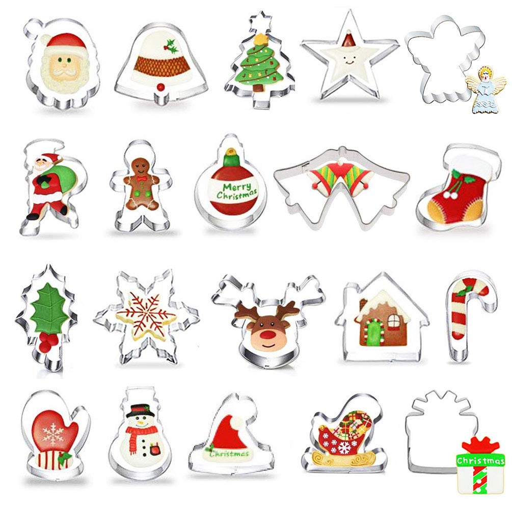 Christmas Cookie Cutter, 20 Piece Christmas Biscuit Cutters - Gingerbread Man, Christmas Tree, Santa Face, Star, Reindeer Face, Snowman & More Shapes for Fondant Cookie DIY Baking