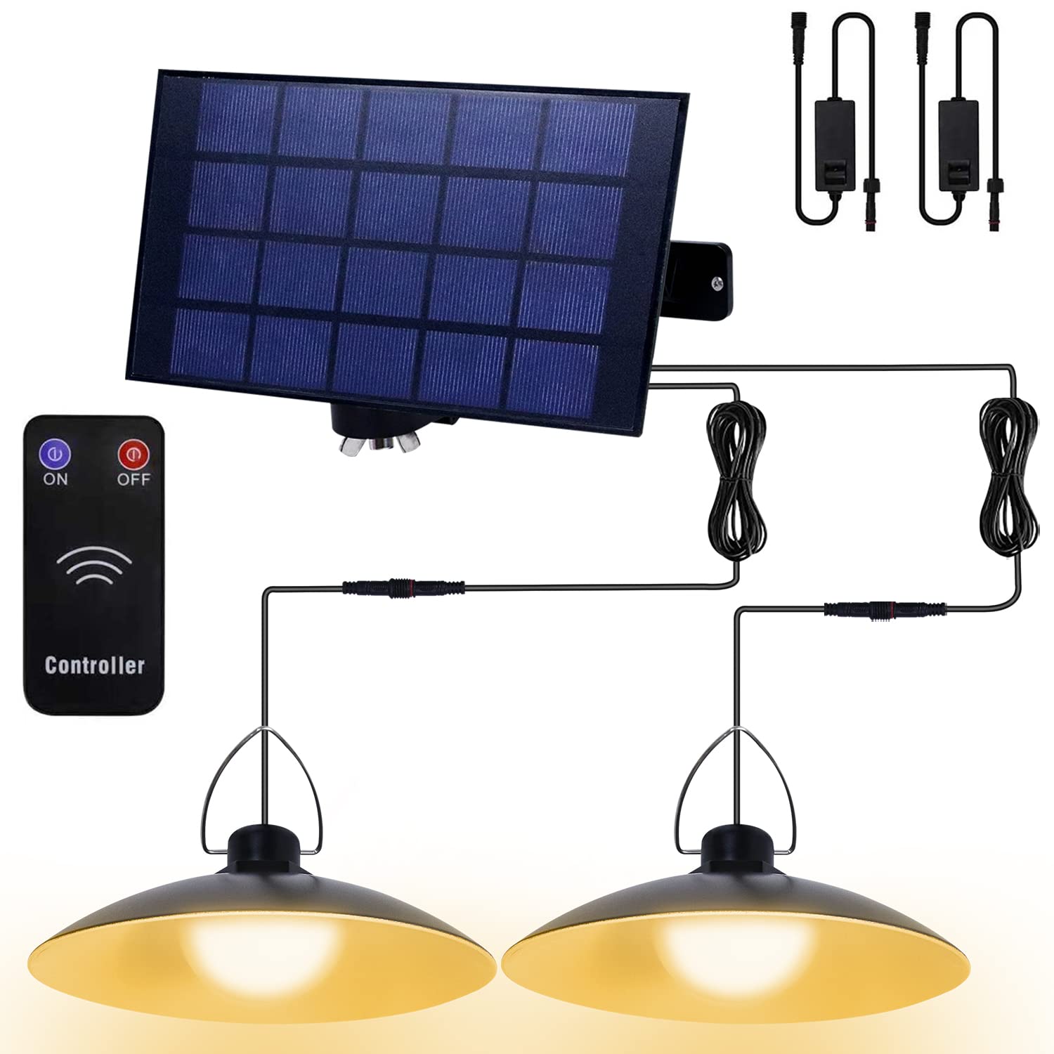 Qelus Solar Pendant Lights, Solar Shed Light, Waterproof Hanging Lamp Remote Control, Security Lighting for Outdoor Indoor Garden Porch Garage Storage Gazebo Front Balcony, 2 Lamps Warm White