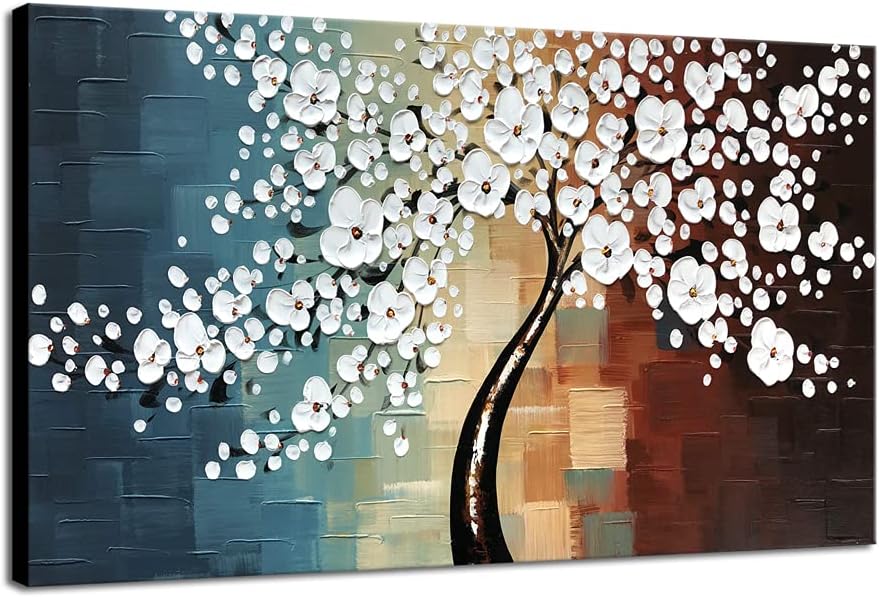 Paintings - Wieco Art Blooming life Large Modern Stretched and Framed White Flowers Artwork 100% Hand Painted Floral Oil Paintings on Canvas Wall Art Ready to Hang for Living Room Bedroom Home Decorations L