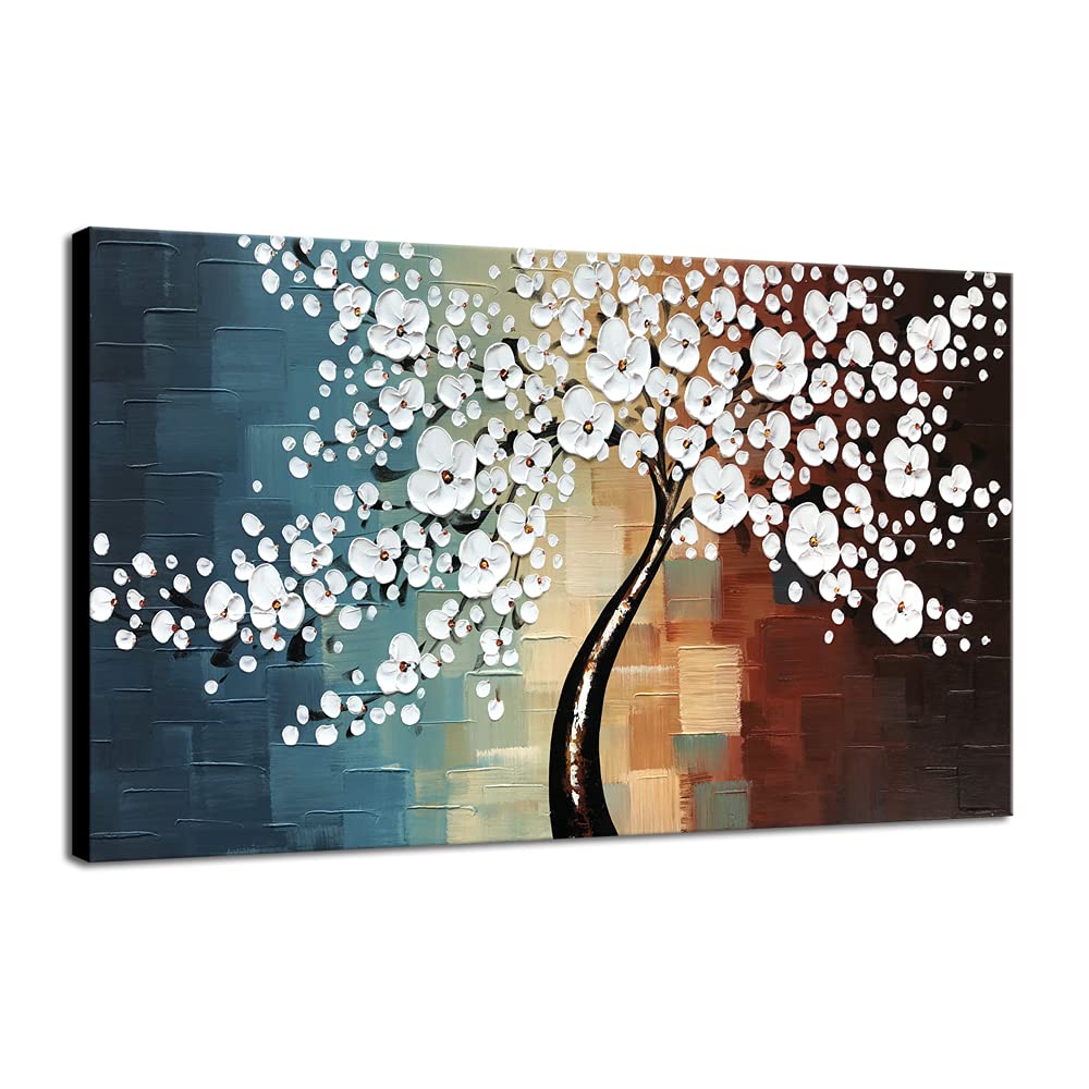 Wieco Art - Blooming life Large Modern Stretched and Framed 100% Hand-painted White Flowers Artwork Floral Oil Paintings on Canvas Wall Art Ready to Hand for Living Room Bedroom Home Decorations