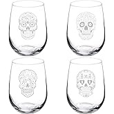 MIP Set of 4 Wine Glass Gift Goblet Sugar Skull Collection (17 oz Stemless)